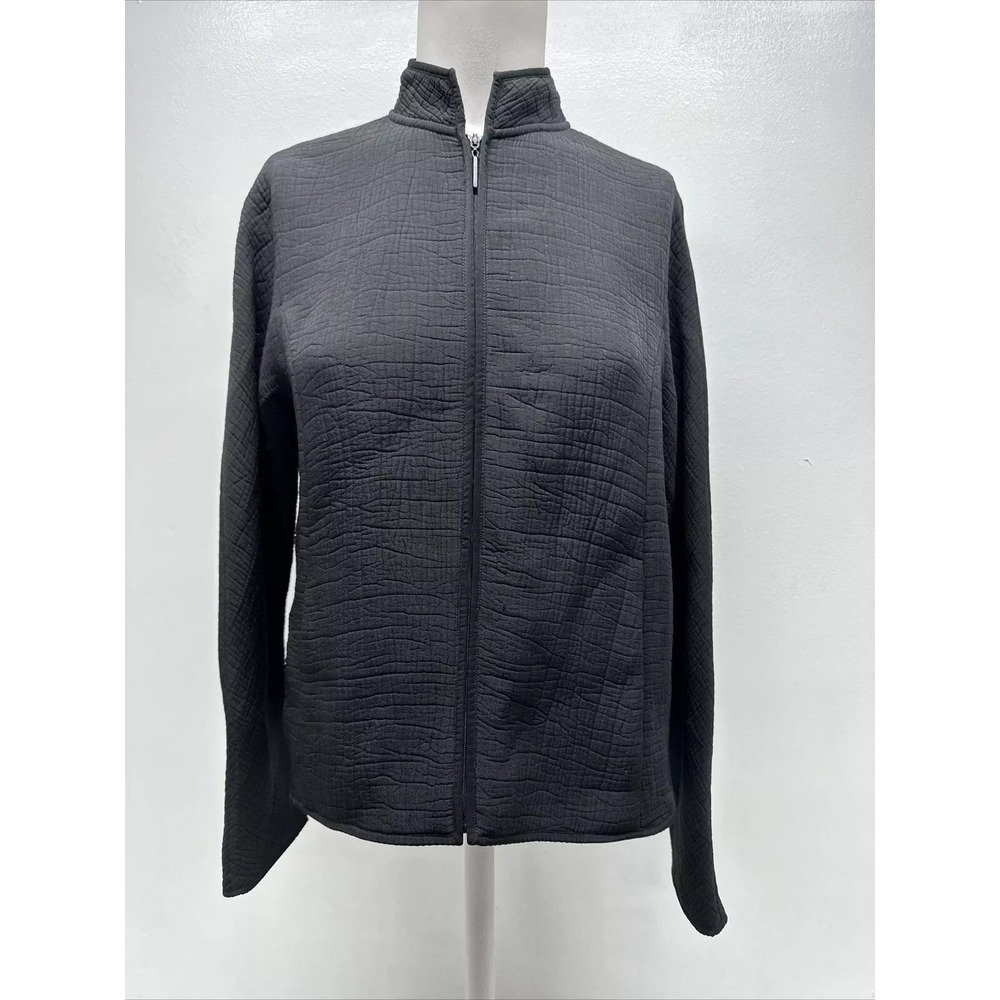Eileen Fisher Sz L Silk Blend Jacket BLACK  Zip Textured Crinkled Mandarin Colla